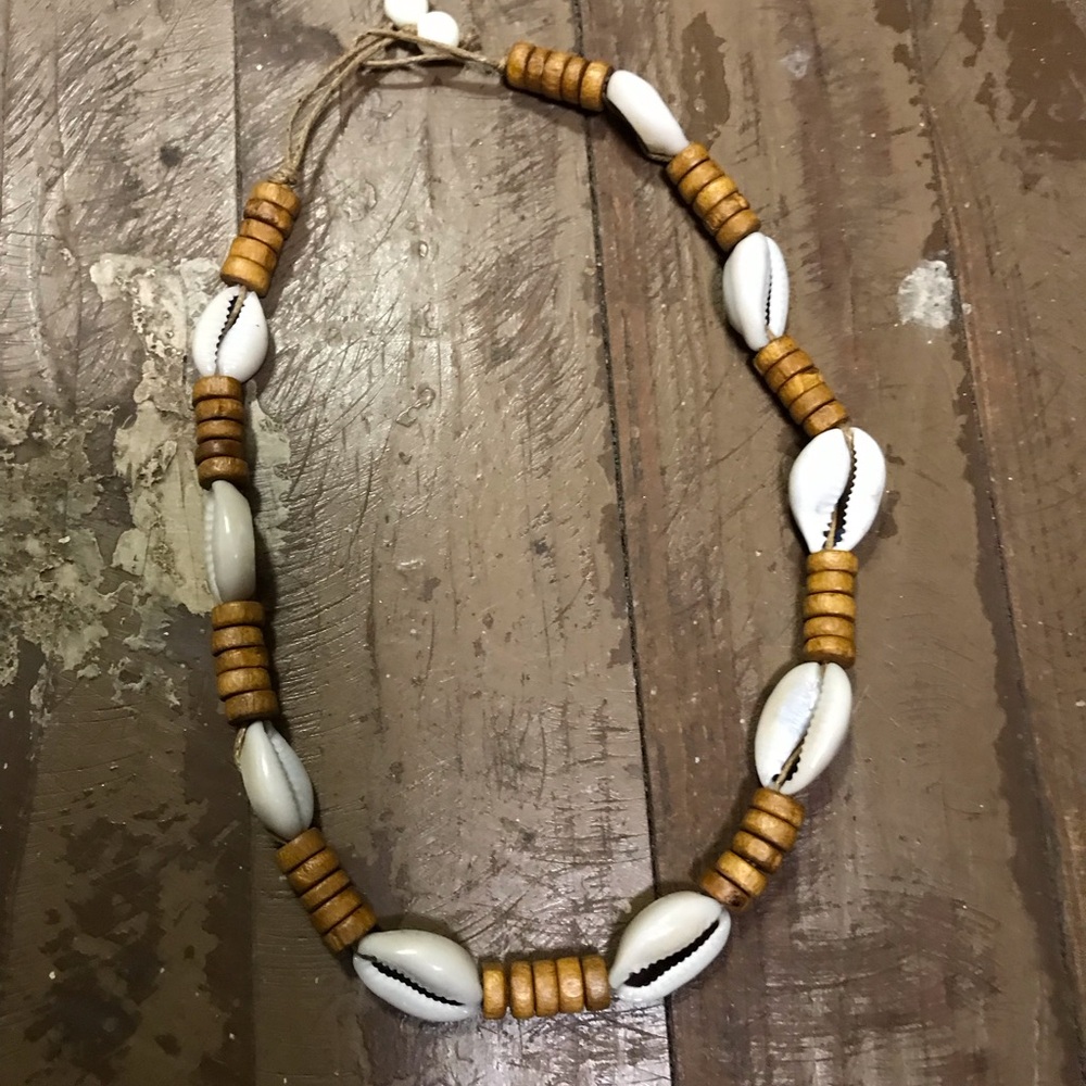 Natural Cowrie Shell and Wood Beaded Necklace Summer Beach Fun